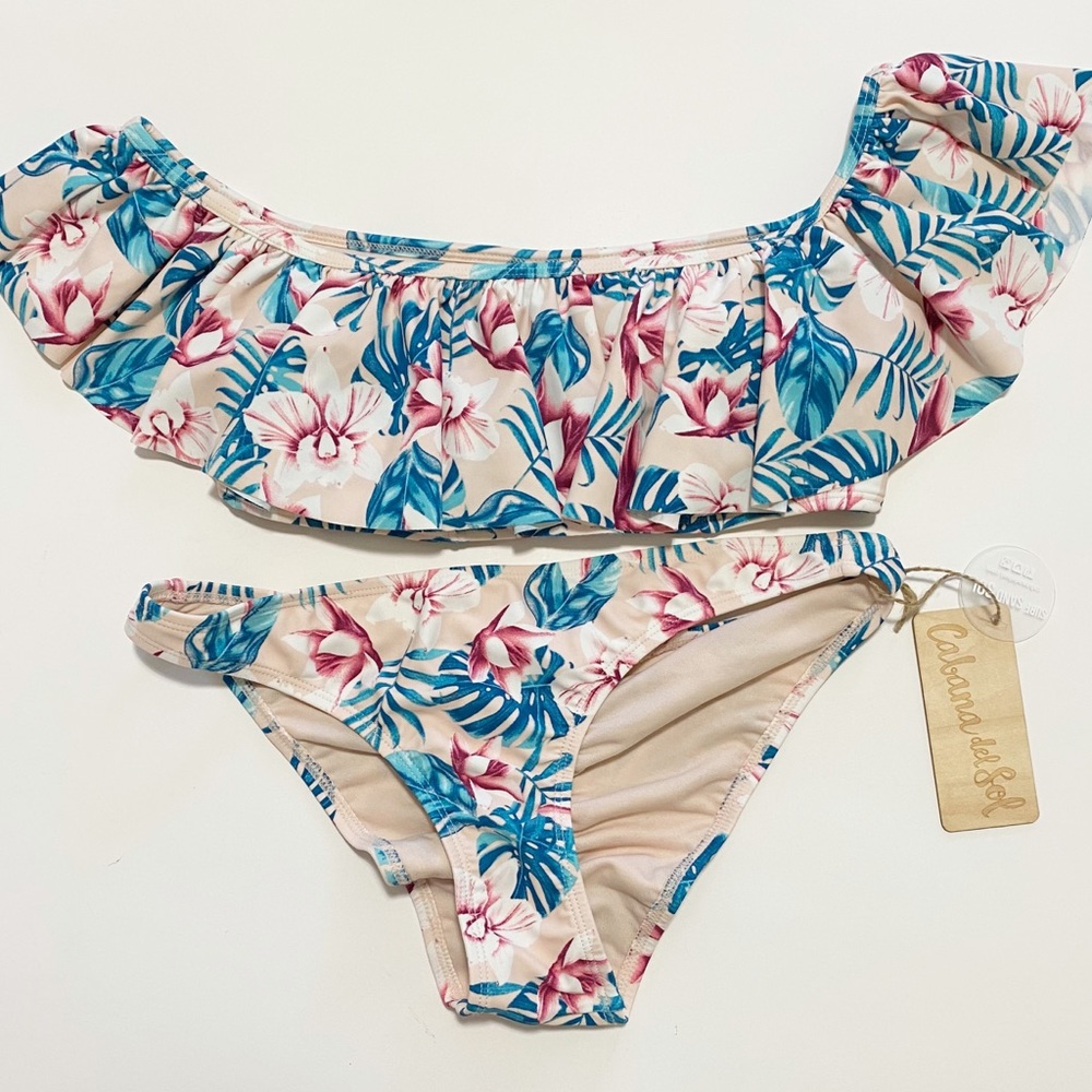 CABANA DEL SOL Off Shoulder Ruffle Tropical Palm Print Scrunch Back Size Medium